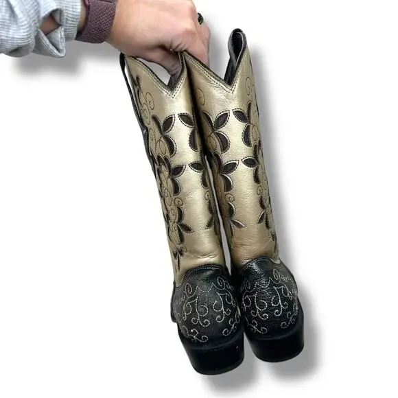 J.B. Dillon Calf Pointed Toe Black Gold Cowhide Leather Western Cowboy Boots 7.5 - Picture 4 of 10